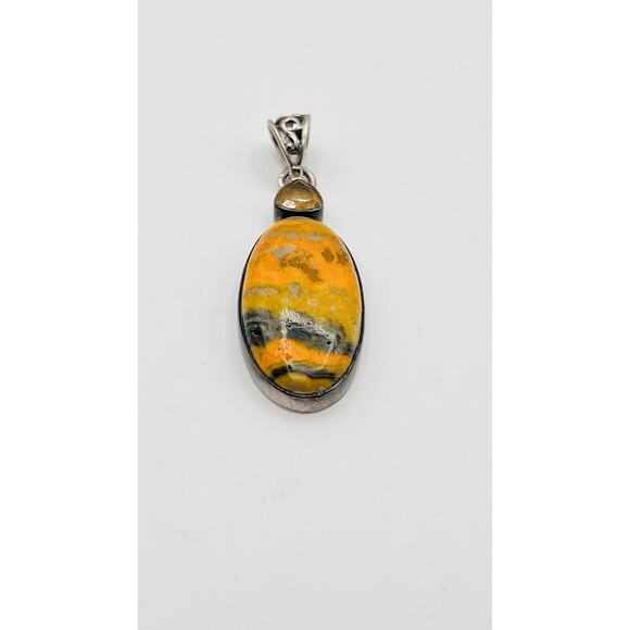 Bumblebee Jasper Oval Pendant Only Sterling Silver 925 With Yellow Tourmaline - Picture 6 of 9